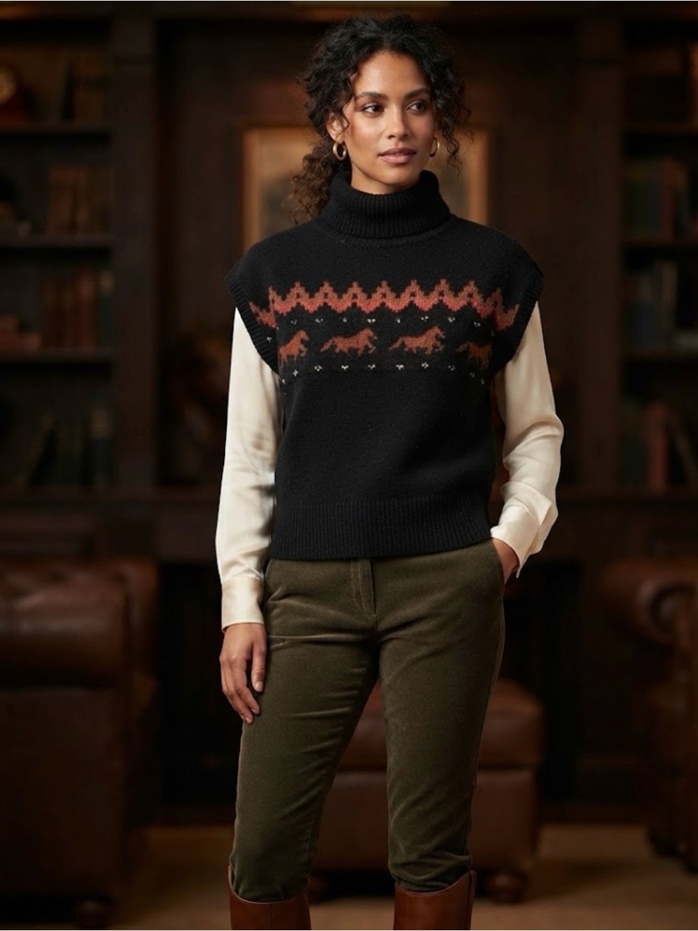 7 For All Mankind Black Equestrian Horse Fair Isle Turtleneck Sweater Vest M NWT